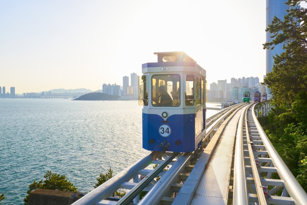 Popular sky capsule train in Busan, South Korea