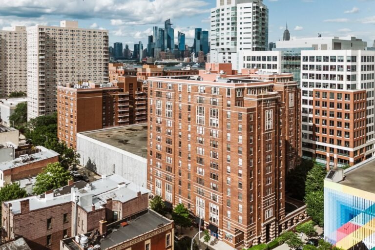 Aerial view of Hoboken, NJ with New York City skyline backdrop