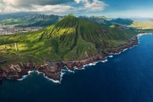 Panoramic view of Oahu greenery and coastline
