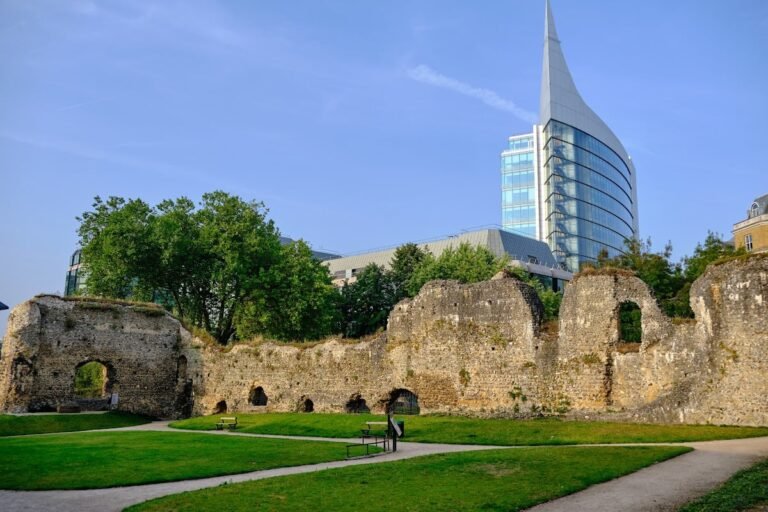 Ruins of Reading, UK backdropped by modern high-rise