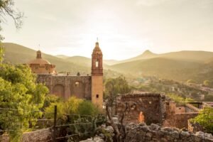 View of San Pedro hill at sunrise in San Luis Potosi, old town like Real de Catorce, Mexico, Magic town (Cerro de San Pedro pueblo magico)