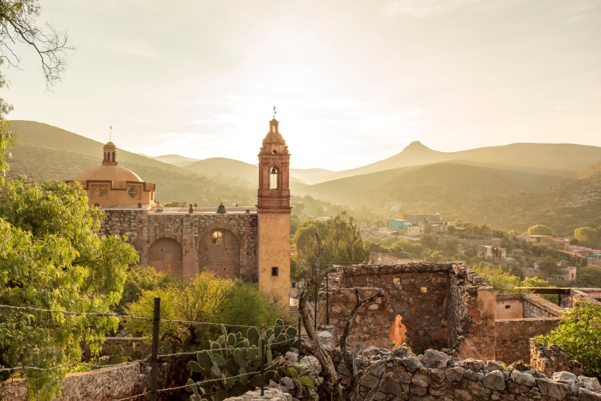 View of San Pedro hill at sunrise in San Luis Potosi, old town like Real de Catorce, Mexico, Magic town (Cerro de San Pedro pueblo magico)